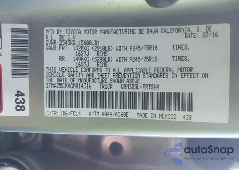 2016 Toyota Tacoma Sr5 V6 из США, поврежденный, VIN 3TMAZ5CNXGM014316